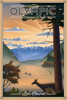 Olympic National Park, Washington - Lithograph - Morning Sunrise - Deer & Lake