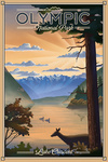 Olympic National Park, Washington - Lithograph - Morning Sunrise - Deer & Lake