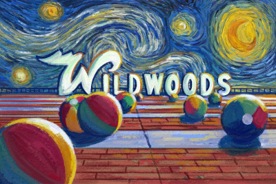 Wildwood, New Jersey - Beach Balls & Sign - Starry Night - Lantern Press Artwork