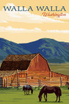 Walla Walla, Washington - Red Barn & Horses - Lantern Press Artwork