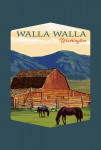 Walla Walla, Washington - Red Barn & Horses - Contour - Lantern Press Artwork