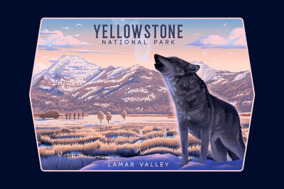 Yellowstone National Park, Wyoming - Lithograph - Lamar Valley Wolf Scene - Contour