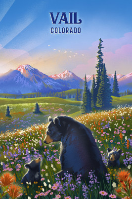 Vail, Colorado - Lithograph - Bear Family in Field with Mountains
