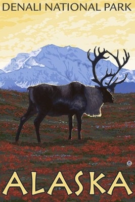 Denali National Park, Alaska - Caribou Scene - Lantern Press Artwork
