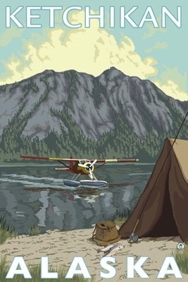 Ketchikan, Alaska - Bush Plane & Fishing - Lantern Press Artwork