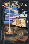 Santa Cruz, California - Retro Camper & Lake with Bear Family