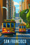 San Francisco, California - Painterly - Cable Car with Coit Tower