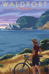Waldport, Oregon - Painterly - Woman with Bicycle on Ocean Hillside Scene