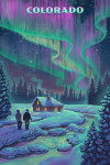 Colorado - Lithograph - Northern Lights & Cabin