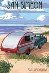 San Simeon, California - Painterly - Retro Camper on Beach