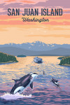 San Juan Island, Washington - Painterly - Orca & Ferry Sunset Scene