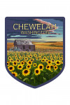Chewelah, Washington - Painterly - Wheat Fields - Shack & Sunflowers - Contour