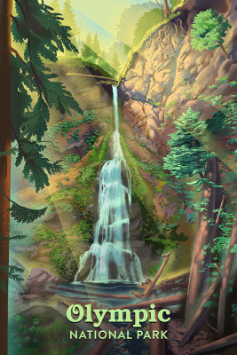 Olympic National Park- Marymere Falls - Lithograph