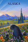 Alaska - Lithograph - Bear Family in Field with Mountains