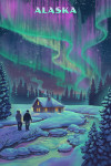 Alaska - Lithograph - Northern Lights & Cabin