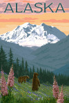 Alaska - Painterly - Bear & Spring Flowers - Grizzly Bear