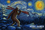 Mount Rainier, Washington - Starry Night - Winter Bigfoot with Skis