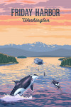Friday Harbor, Washington - Painterly - Orca & Ferry Sunset Scene