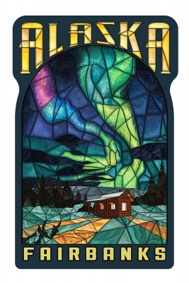 Fairbanks, Alaska - Cabin & Northern Lights - Stained Glass - Contour