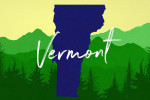 Vermont - State Silhouette & Mountains - Blue on Green Forest