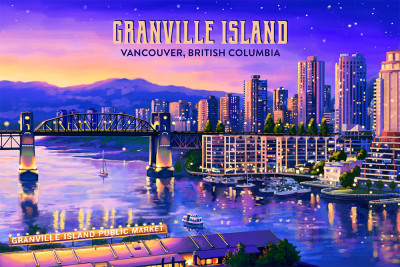 Vancouver, British Columbia - Oil Painting - Granville Island View with Burrard Bridge