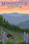 Massanutten, Virginia - Painterly - Black Bear & Cubs - Spring Flowers