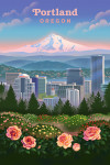 Portland, Oregon - Lithograph - Portland Skyline and Mount Hood