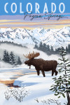 Pagosa Springs, Colorado - Painterly - Moose - Winter Scene