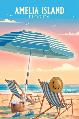 Amelia Island, Florida - Lithograph - Beach Chair & Umbrella