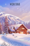 Montana - Lithograph - Mountain Lodge - Winter Scene