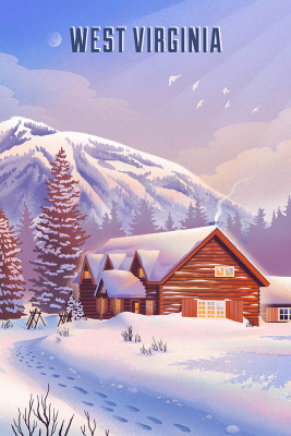 West Virginia - Lithograph - Mountain Lodge - Winter Scene