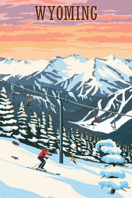 Wyoming - Painterly - Winter Skiers