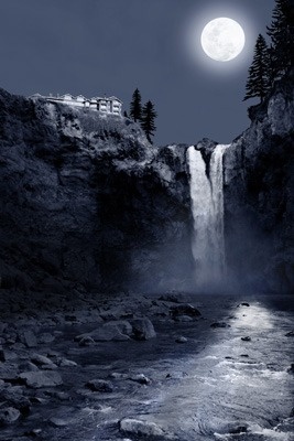 Snoqualmie Falls, Washington - Falls at Night (blue) - Lantern Press Photography