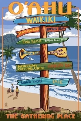 Waikiki, Oahu, Hawaii - Destinations Sign - Lantern Press Artwork