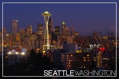 Seattle, Washington - Skyline and Rainier at Night - Lantern Press Photography