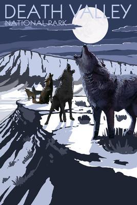 Wolves & Full Moon - Death Valley National Park - Lantern Press Poster