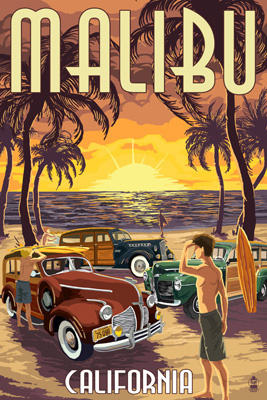 Malibu, California - Woodies on the Beach - Lantern Press Artwork