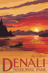 Denali National Park, Alaska - Moose at Sunset - Lantern Press Artwork