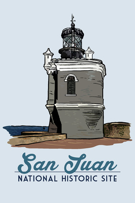 Puerto Rico - El Moro Lighthouse - San Juan National Historic Site - Blue - Lantern Press Artwork