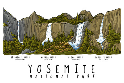 Yosemite National Park, California - Waterfall Montage - Line Drawing - Lantern Press Artwork