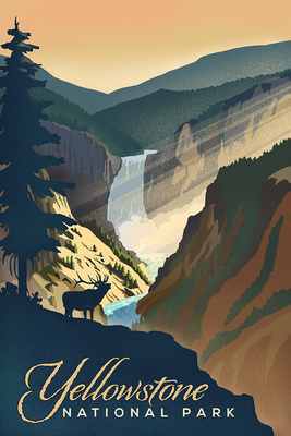 Yellowstone National Park - Yellowstone Falls - Lithograph