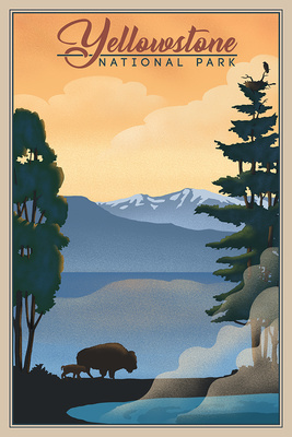 Yellowstone National Park - Bison & Lake - Lithograph National Park Series  - Lantern Press Artwork
