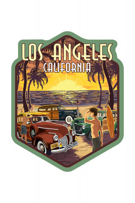 Los Angeles, California - Woodies & Sunset - Contour - Lantern Press Artwork
