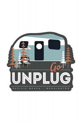 Pacific Beach, Washington - Go Unplug - Vector Retro Camper - Contour - Lantern Press Artwork